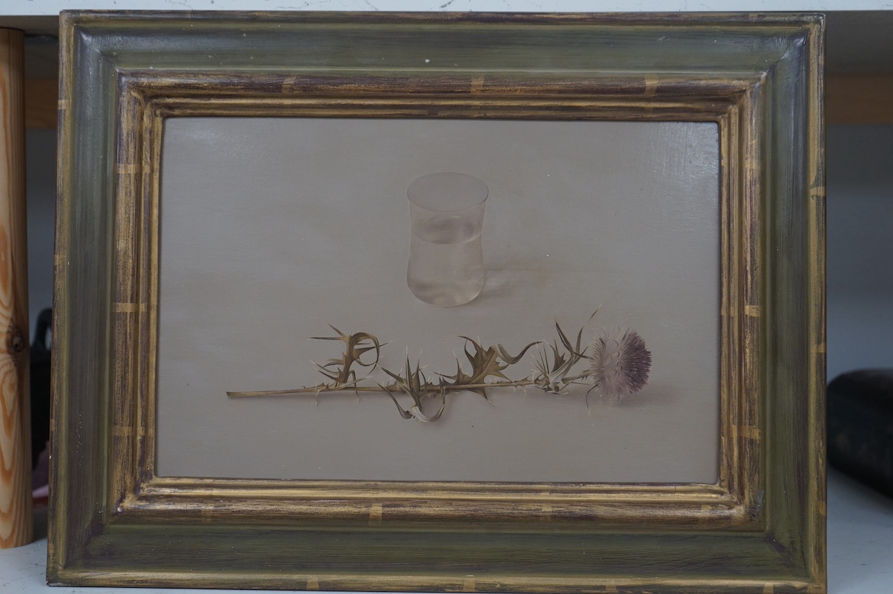 Bonnie Thompson (Scottish b.1972), oil on board, Scotch thistle and glass of water, unsigned, gallery label verso, 21 x 33cm. Condition - good